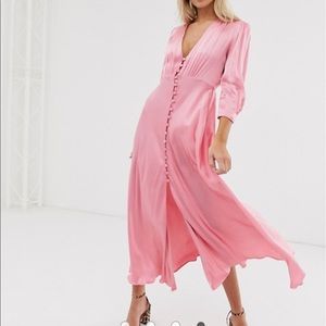 Pink button front satin midi dress